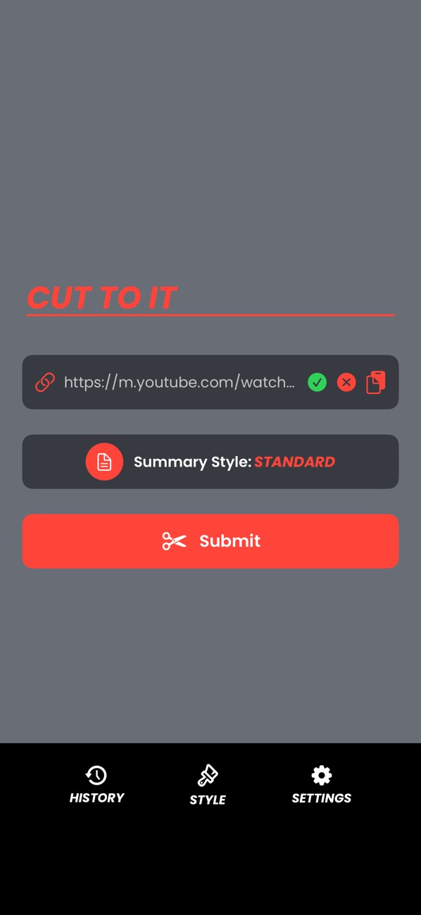 The Cut To It home screen: a pasted YouTube link, the summary style set to Standard, and a Submit button.