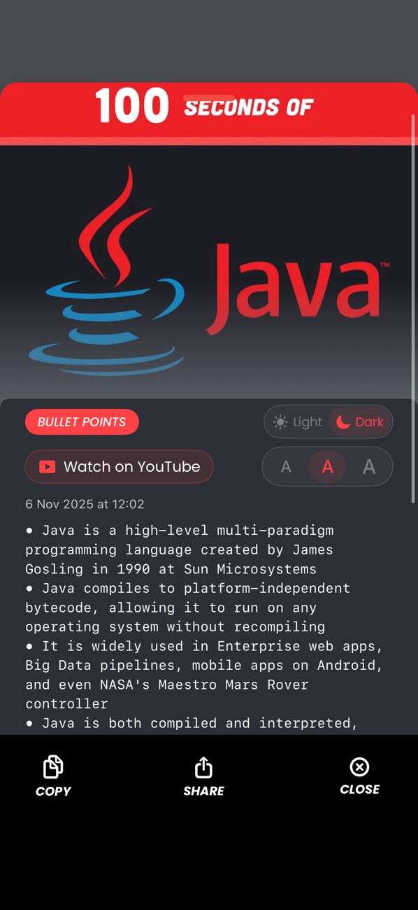 A finished bullet-point summary of a video about Java, with Watch on YouTube, text size and light or dark controls, and Copy and Share buttons.